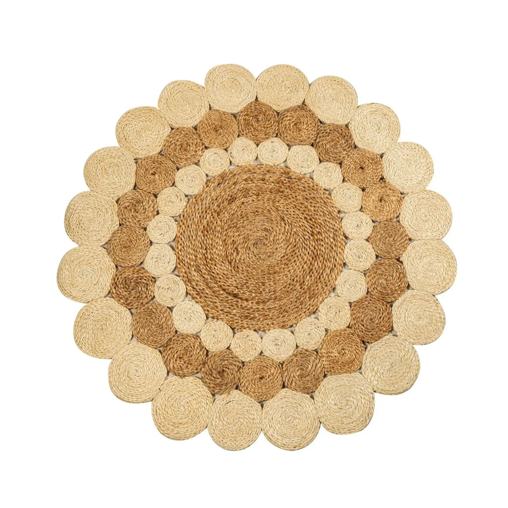 Natural & Ivory Jute Rosette Rug – Artisan-Braided Round Floral Carpet