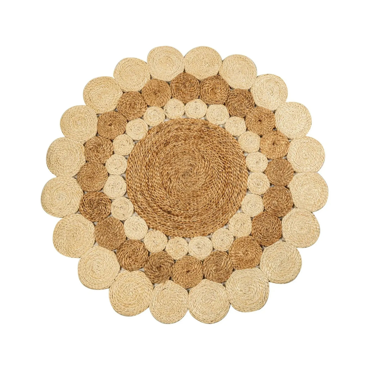 Natural & Ivory Jute Rosette Rug – Artisan-Braided Round Floral Carpet