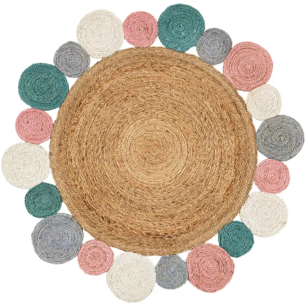 Handmade Braided Round Jute Rug – Natural Boho Area Rug with Multicolor Circle Border