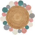 Handmade Braided Round Jute Rug – Natural Boho Area Rug with Multicolor Circle Border
