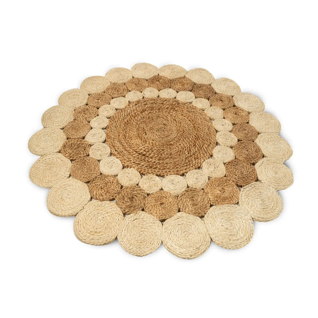 Natural & Ivory Jute Rosette Rug – Artisan-Braided Round Floral Carpet