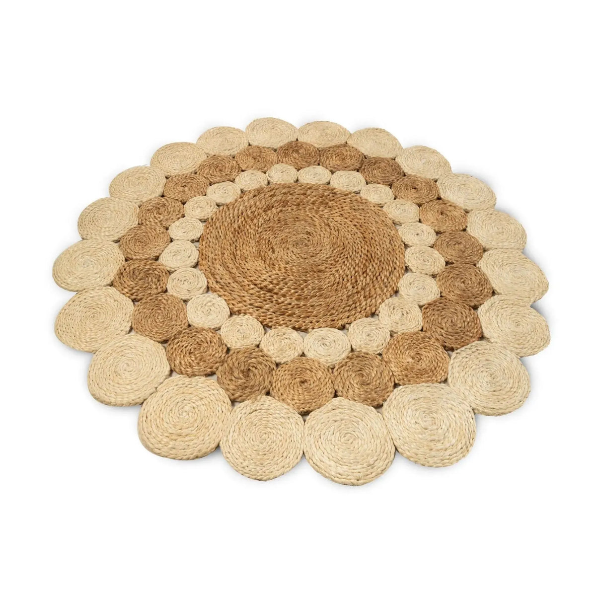 Natural & Ivory Jute Rosette Rug – Artisan-Braided Round Floral Carpet