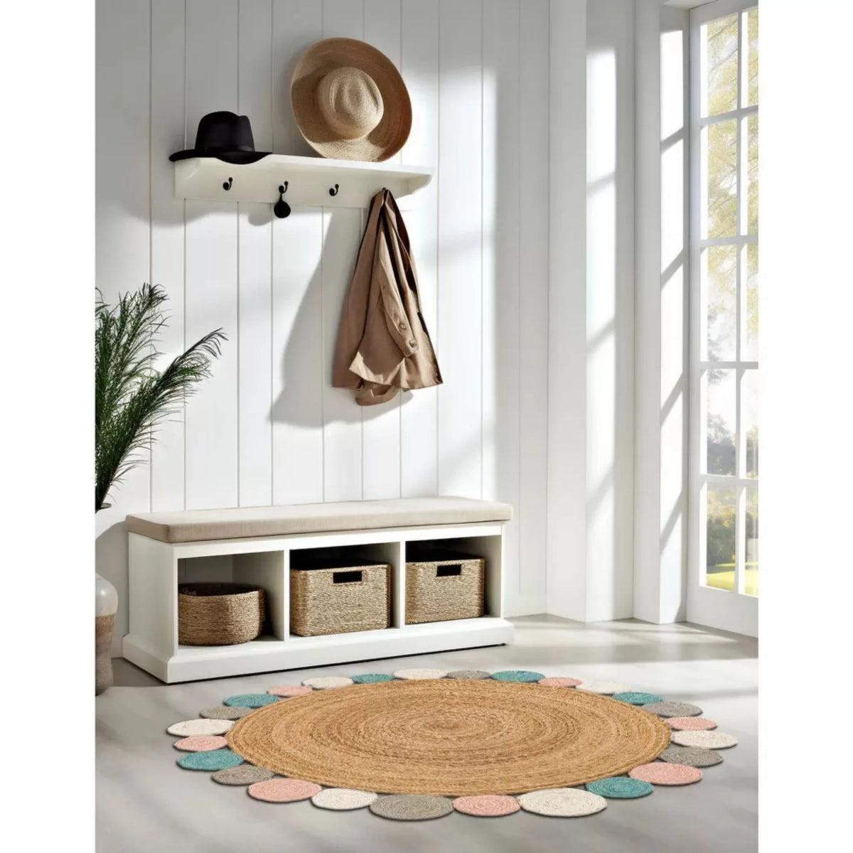 Handmade Braided Round Jute Rug – Natural Boho Area Rug with Multicolor Circle Border