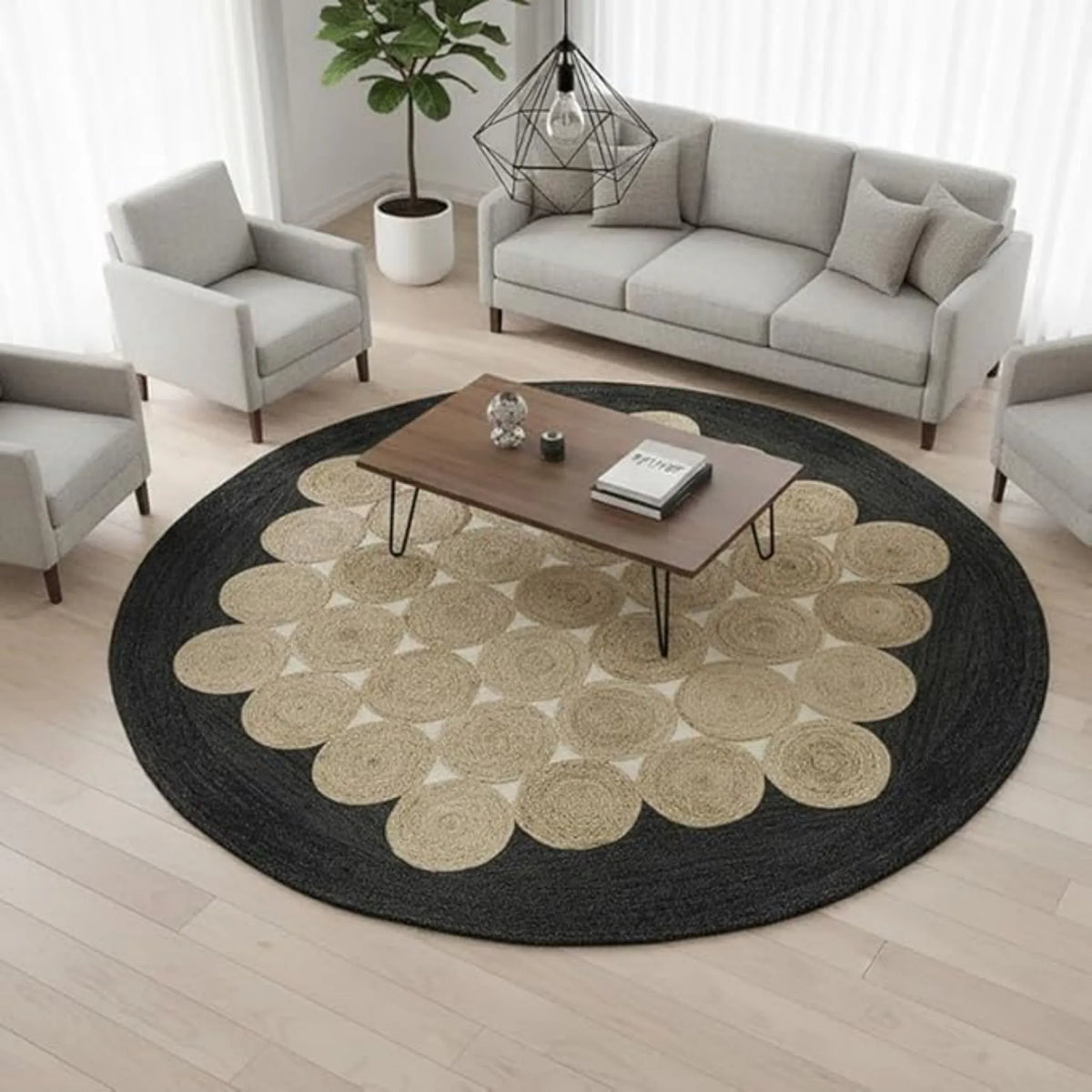 Charcoal Black Jute Halo Rug – Artisan-Braided Natural Medallion Carpet