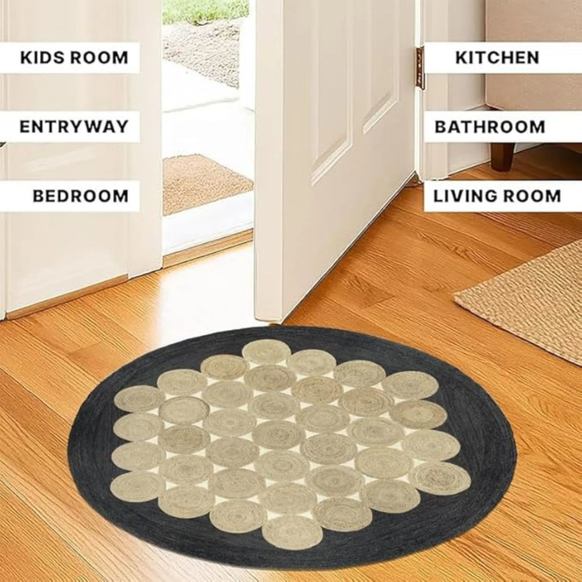 Charcoal Black Jute Halo Rug – Artisan-Braided Natural Medallion Carpet