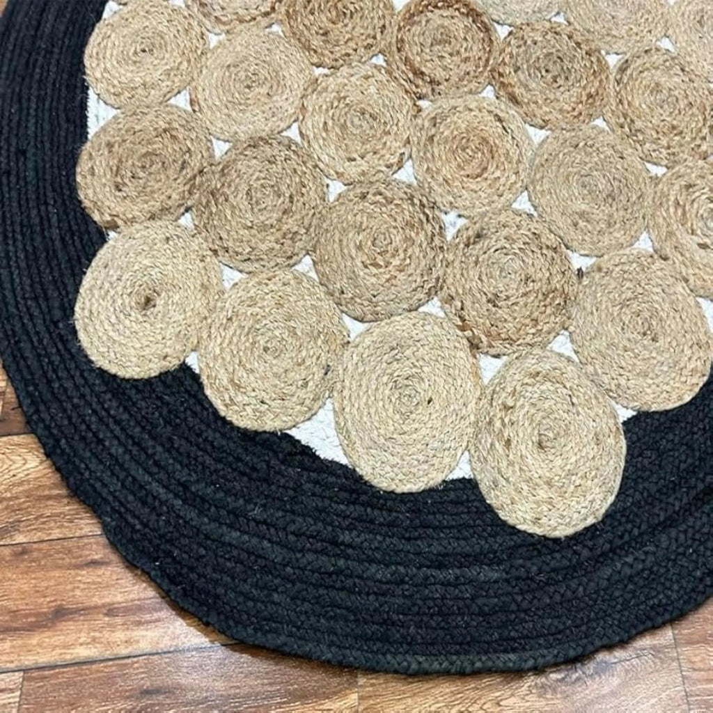 Charcoal Black Jute Halo Rug – Artisan-Braided Natural Medallion Carpet