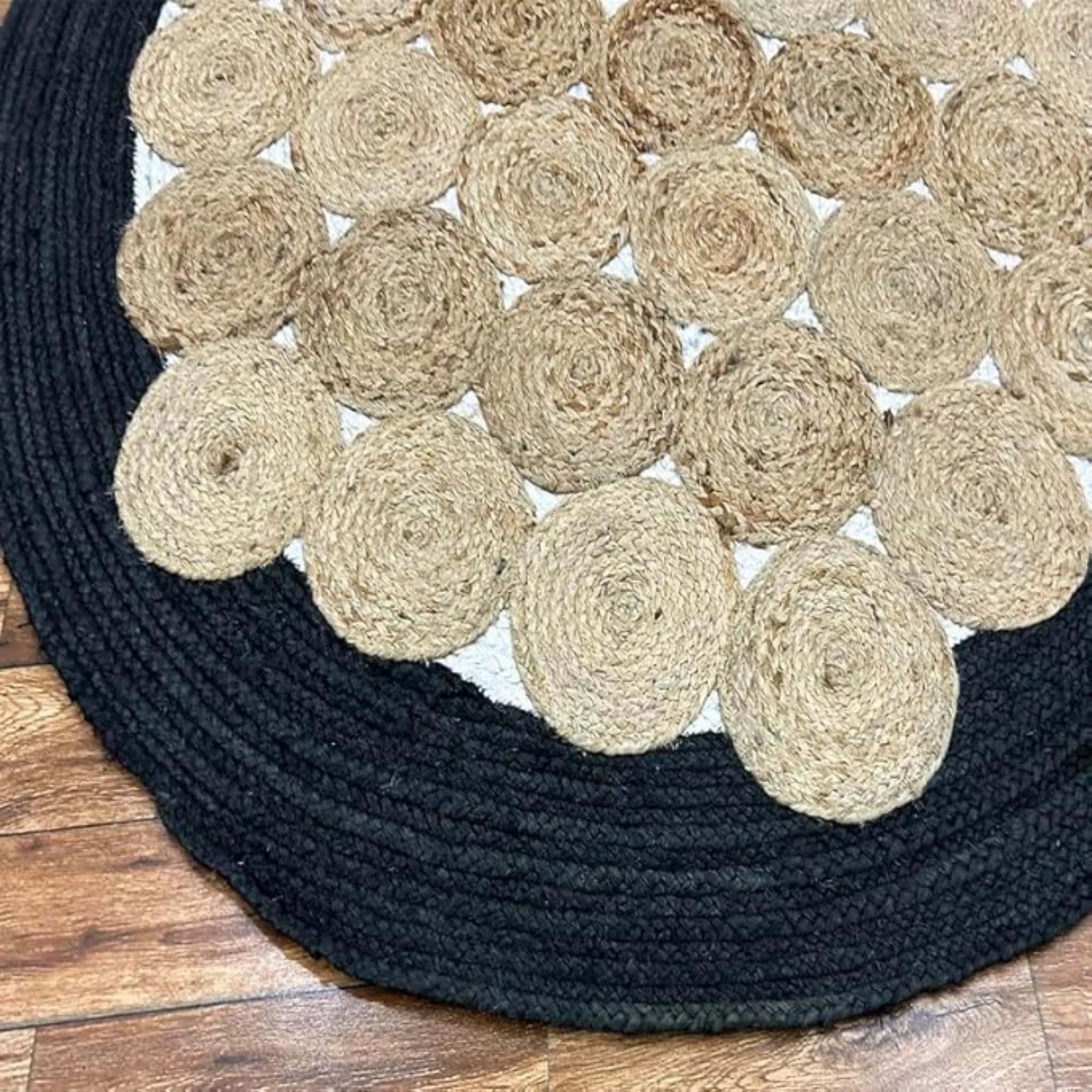 Charcoal Black Jute Halo Rug – Artisan-Braided Natural Medallion Carpet