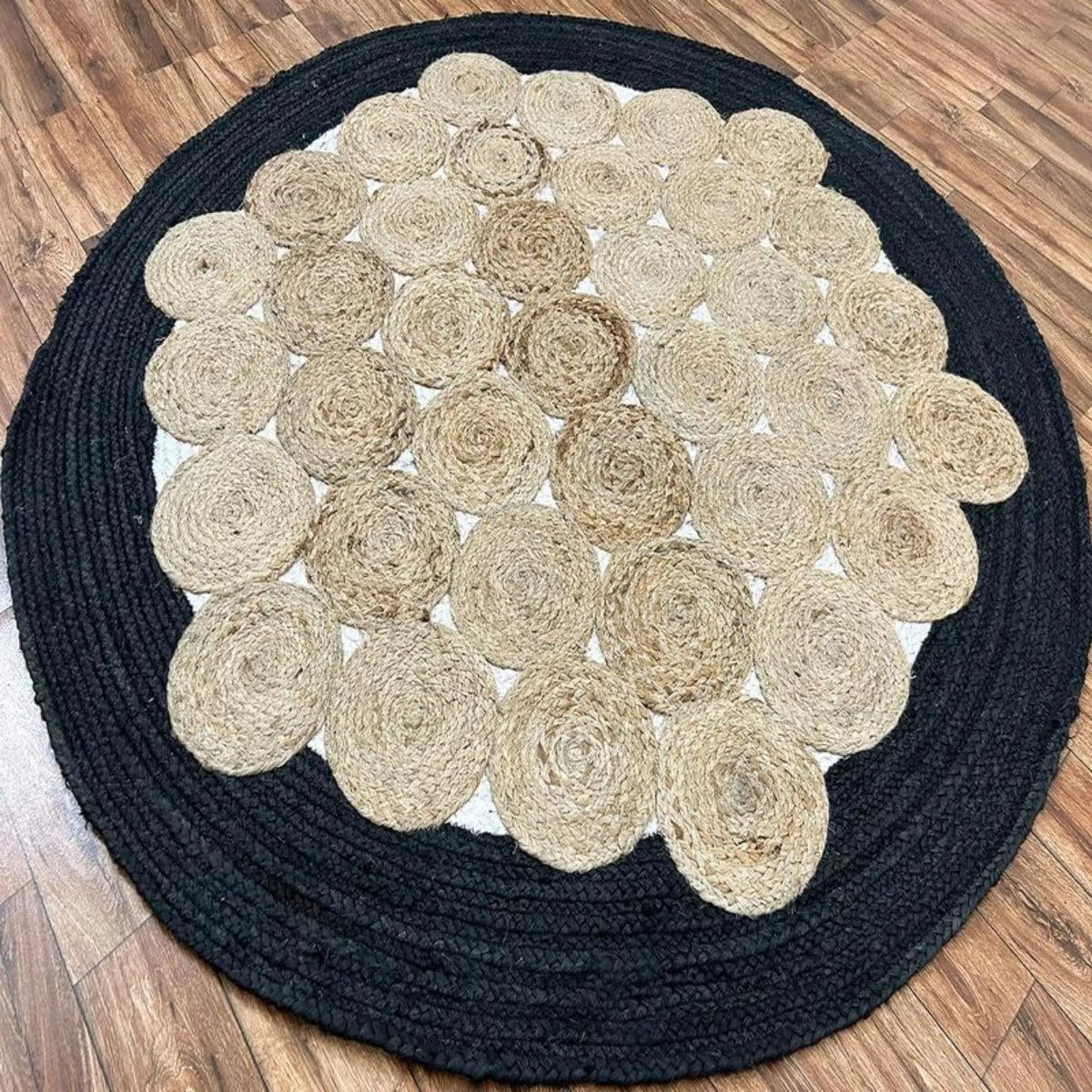 Charcoal Black Jute Halo Rug – Artisan-Braided Natural Medallion Carpet