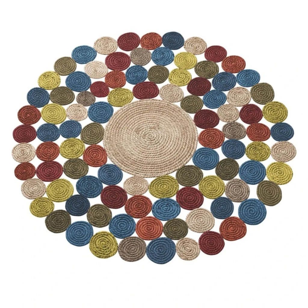 Rainbow Pebble Jute Rug – Artisan-Braided Natural Round Statement Carpet