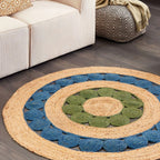 Indigo & Olive Jute Mandala Rug – Artisan-Braided Natural Circle Carpet
