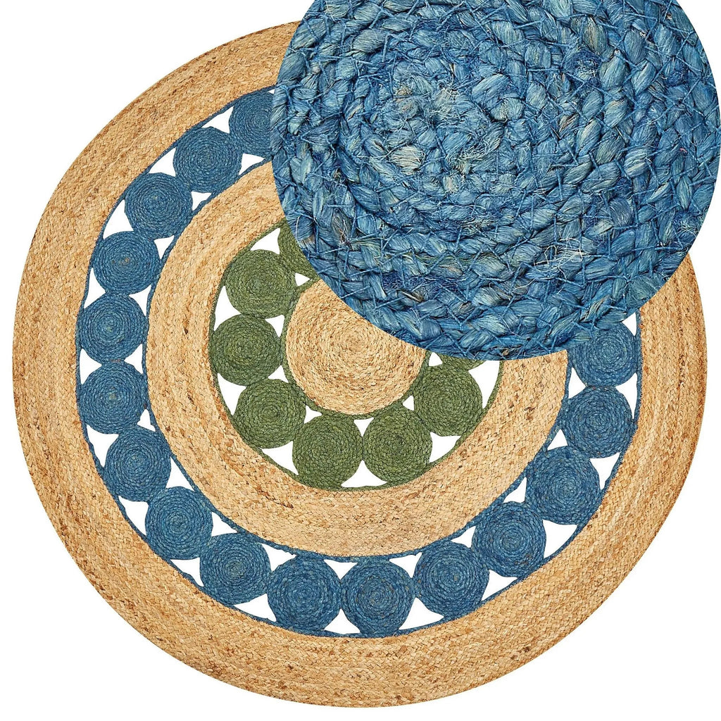 Indigo & Olive Jute Mandala Rug – Artisan-Braided Natural Circle Carpet