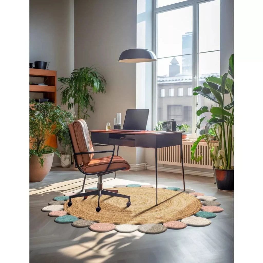 Handmade Braided Round Jute Rug – Natural Boho Area Rug with Multicolor Circle Border