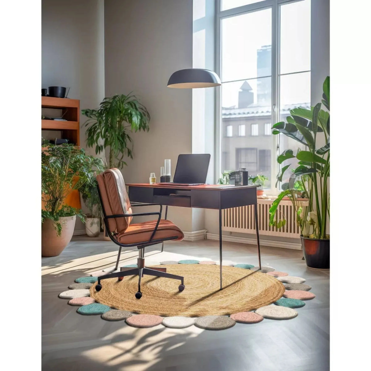 Handmade Braided Round Jute Rug – Natural Boho Area Rug with Multicolor Circle Border