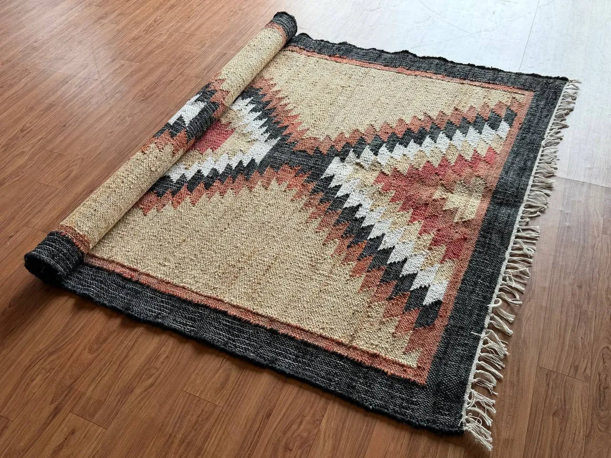 Desert Frame Kilim Dhurrie – Artisan-Woven Wool Jute Rug & Custom Runner