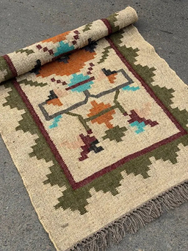 Maroon Volkskuns Kilim Tapytloper – Artisanaal-geweefde Wol Jute Mat, Volgens Maat Gemaak
