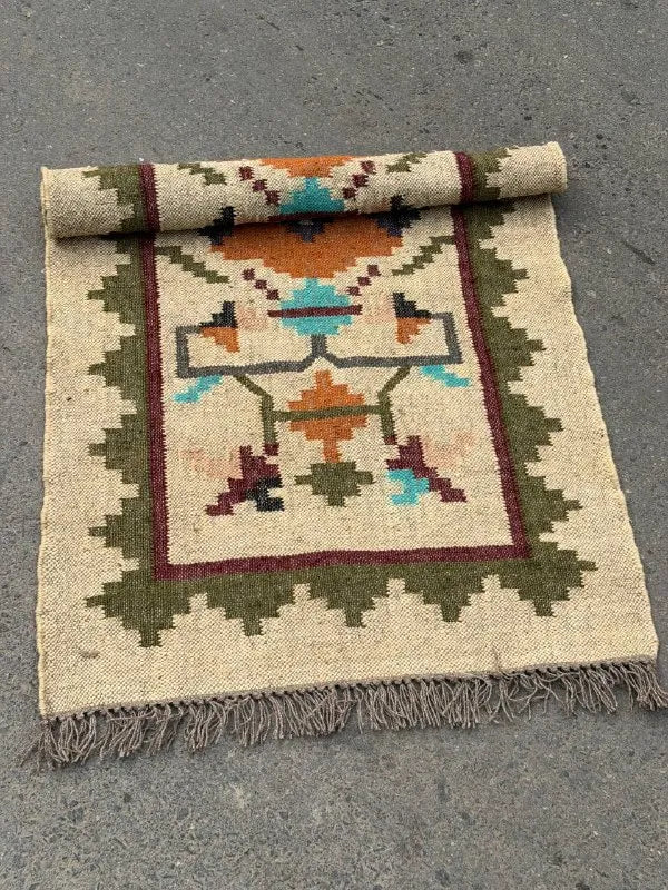 Maroon Volkskuns Kilim Tapytloper – Artisanaal-geweefde Wol Jute Mat, Volgens Maat Gemaak