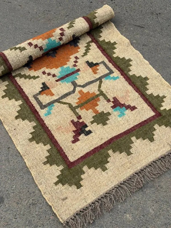Maroon Volkskuns Kilim Tapytloper – Artisanaal-geweefde Wol Jute Mat, Volgens Maat Gemaak