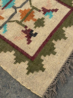 Ivory Botanical Medallion Dhurrie Runner – Artisan-Woven Jute Wool Passage Rug