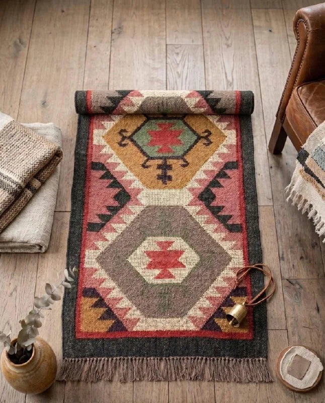 Grafietwol Jute Dhurrie-lopertjie – Handgewewe Geometriese Trap- en Gangmat