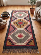 Grafietwol Jute Dhurrie-lopertjie – Handgewewe Geometriese Trap- en Gangmat
