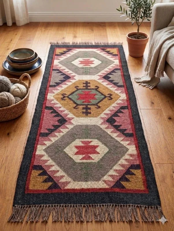 Grafietwol Jute Dhurrie-lopertjie – Handgewewe Geometriese Trap- en Gangmat