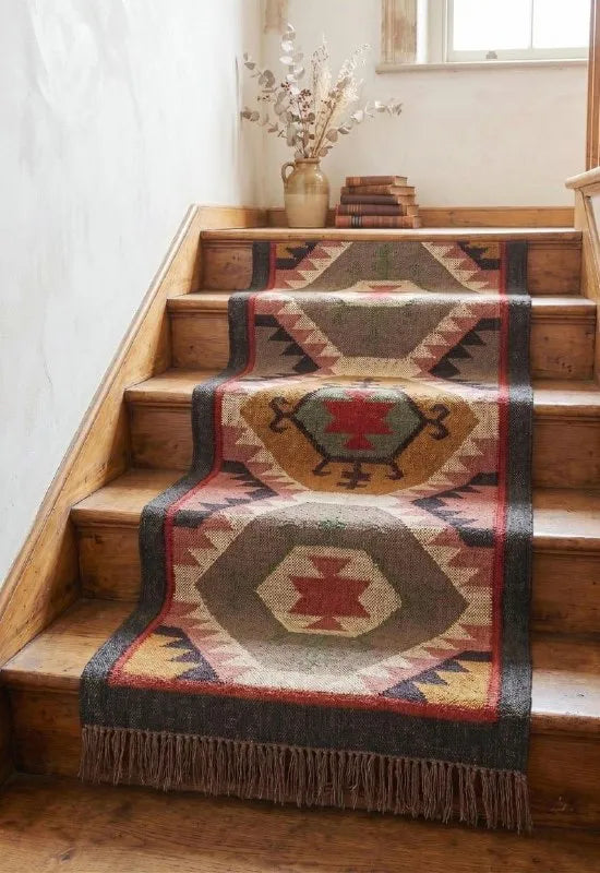 Grafietwol Jute Dhurrie-lopertjie – Handgewewe Geometriese Trap- en Gangmat