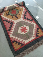 Grafietwol Jute Dhurrie-lopertjie – Handgewewe Geometriese Trap- en Gangmat