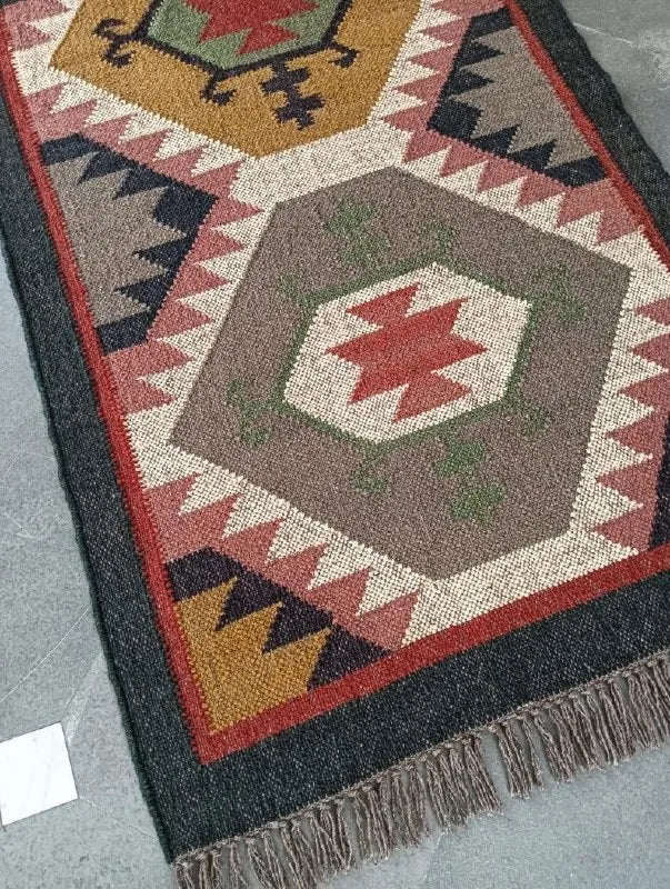 Grafietwol Jute Dhurrie-lopertjie – Handgewewe Geometriese Trap- en Gangmat