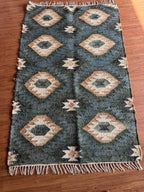 Midnight Teal Wool Jute Runner – Custom Handwoven Diamond Kilim Carpet