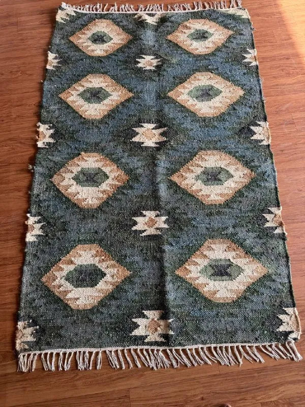 Midnight Teal Wool Jute Runner – Custom Handwoven Diamond Kilim Carpet