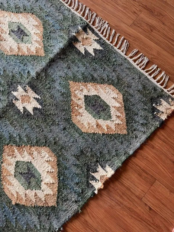 Midnight Teal Wool Jute Runner – Custom Handwoven Diamond Kilim Carpet