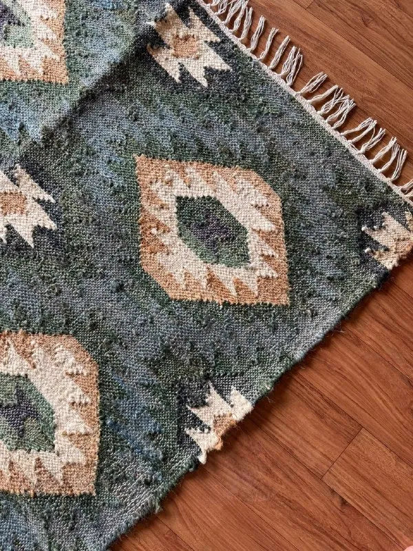 Midnight Teal Wool Jute Runner – Custom Handwoven Diamond Kilim Carpet