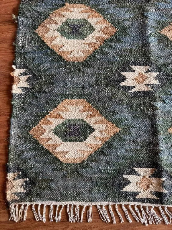 Midnight Teal Wool Jute Runner – Custom Handwoven Diamond Kilim Carpet