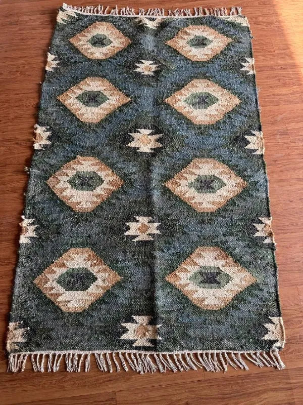 Midnight Teal Wool Jute Runner – Custom Handwoven Diamond Kilim Carpet