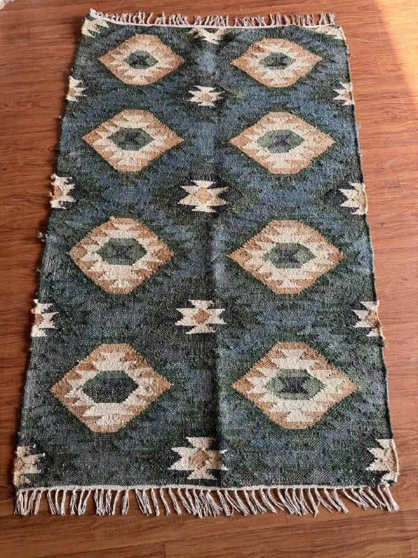 Midnight Teal Wool Jute Runner – Custom Handwoven Diamond Kilim Carpet