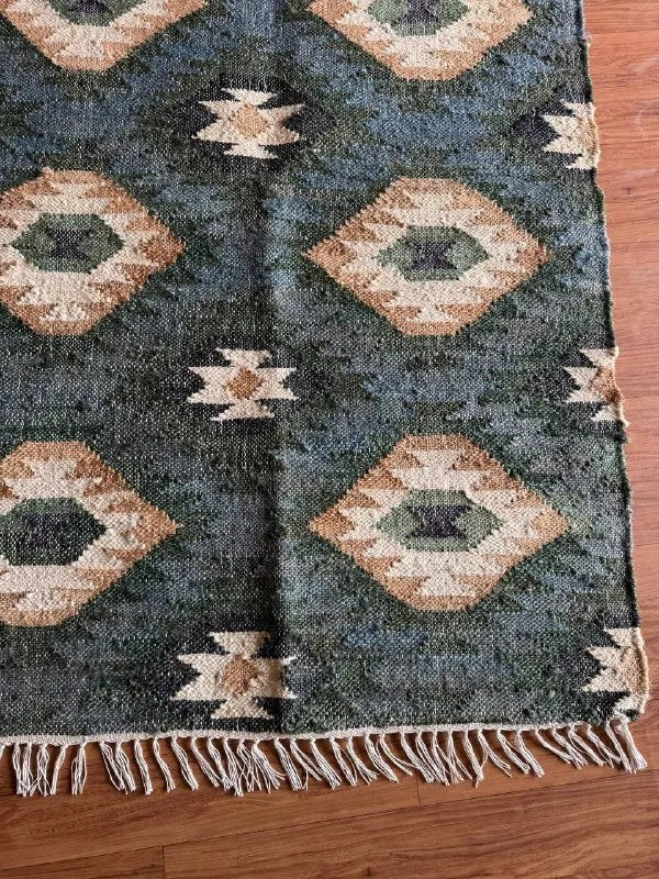 Midnight Teal Wool Jute Runner – Custom Handwoven Diamond Kilim Carpet