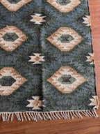 Midnight Teal Wool Jute Runner – Custom Handwoven Diamond Kilim Carpet