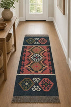 Grafietwol Jute Dhurrie-lopertjie – Handgewewe Geometriese Trap- en Gangmat
