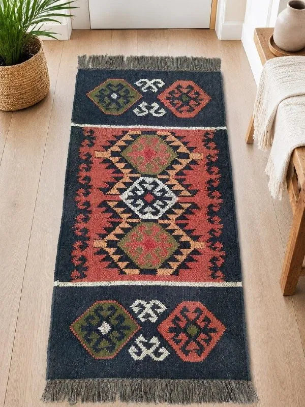 Grafietwol Jute Dhurrie-lopertjie – Handgewewe Geometriese Trap- en Gangmat