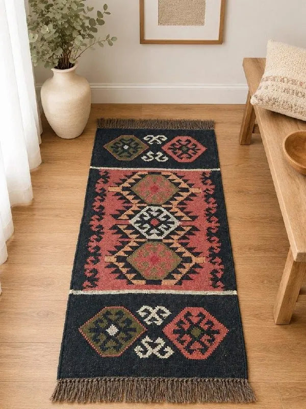 Grafietwol Jute Dhurrie-lopertjie – Handgewewe Geometriese Trap- en Gangmat