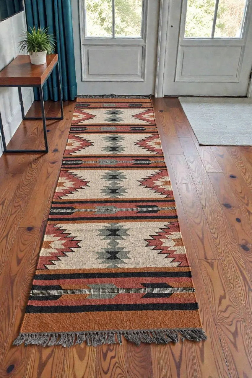 Maroon Volkskuns Kilim Tapytloper – Artisanaal-geweefde Wol Jute Mat, Volgens Maat Gemaak