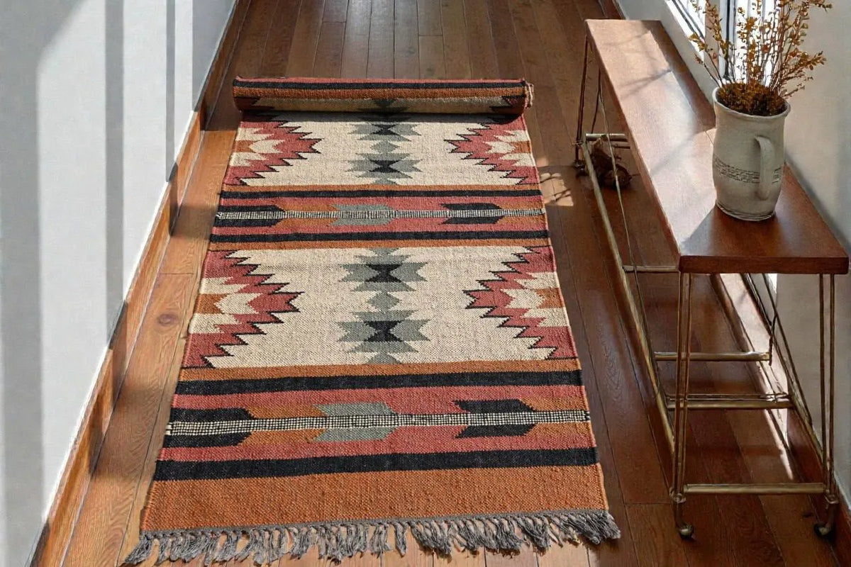 Terracotta Diamond Dhurrie Runner – Custom Wool Jute Hall & Kitchen Rug