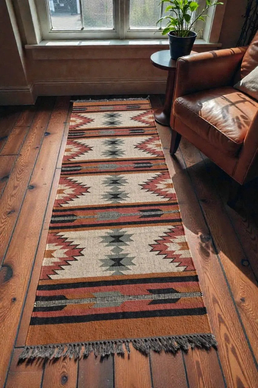 Maroon Volkskuns Kilim Tapytloper – Artisanaal-geweefde Wol Jute Mat, Volgens Maat Gemaak