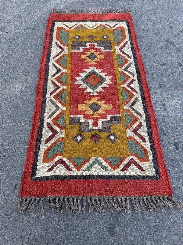 Maroon Volkskuns Kilim Tapytloper – Artisanaal-geweefde Wol Jute Mat, Volgens Maat Gemaak