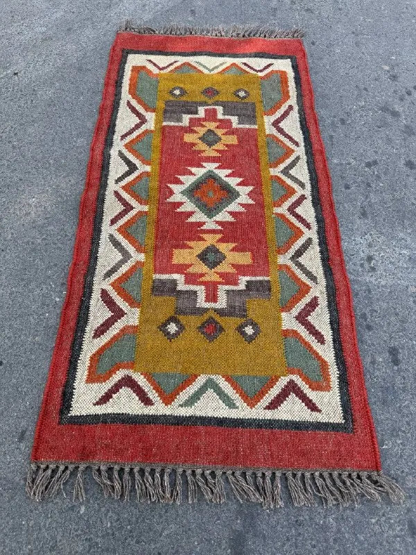 Maroon Volkskuns Kilim Tapytloper – Artisanaal-geweefde Wol Jute Mat, Volgens Maat Gemaak