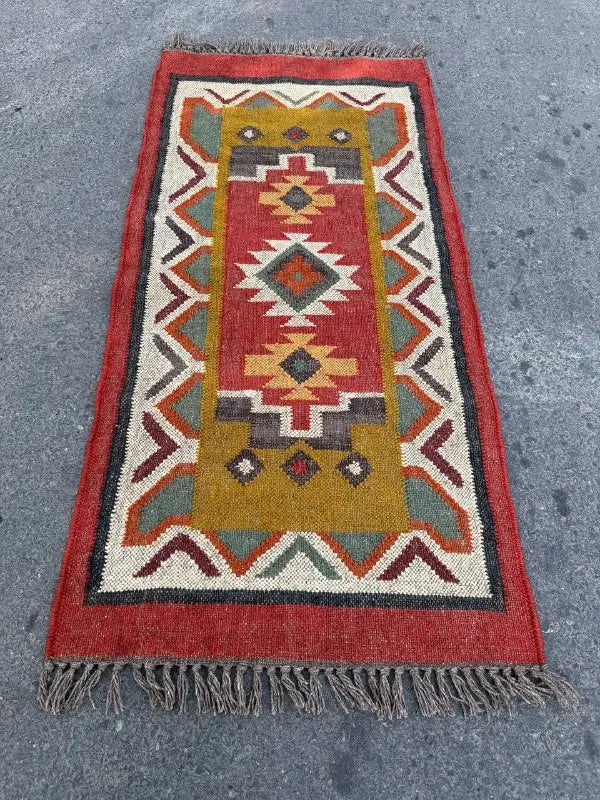 Maroon Volkskuns Kilim Tapytloper – Artisanaal-geweefde Wol Jute Mat, Volgens Maat Gemaak