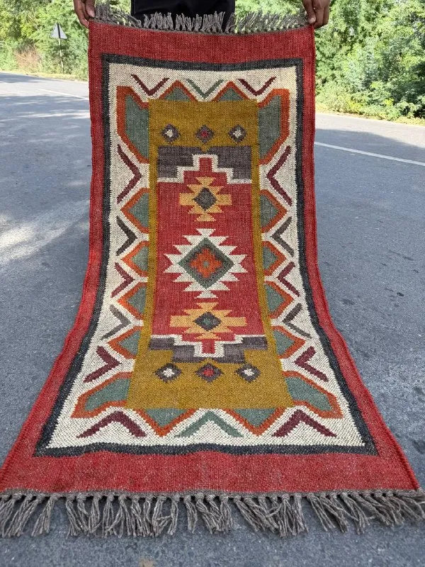 Maroon Volkskuns Kilim Tapytloper – Artisanaal-geweefde Wol Jute Mat, Volgens Maat Gemaak