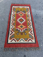 Maroon Volkskuns Kilim Tapytloper – Artisanaal-geweefde Wol Jute Mat, Volgens Maat Gemaak