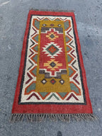 Maroon Volkskuns Kilim Tapytloper – Artisanaal-geweefde Wol Jute Mat, Volgens Maat Gemaak