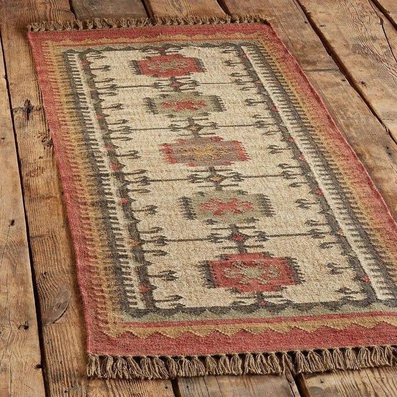 Handmade Wool & Jute Kilim Runner Rug – Rust Red & Beige